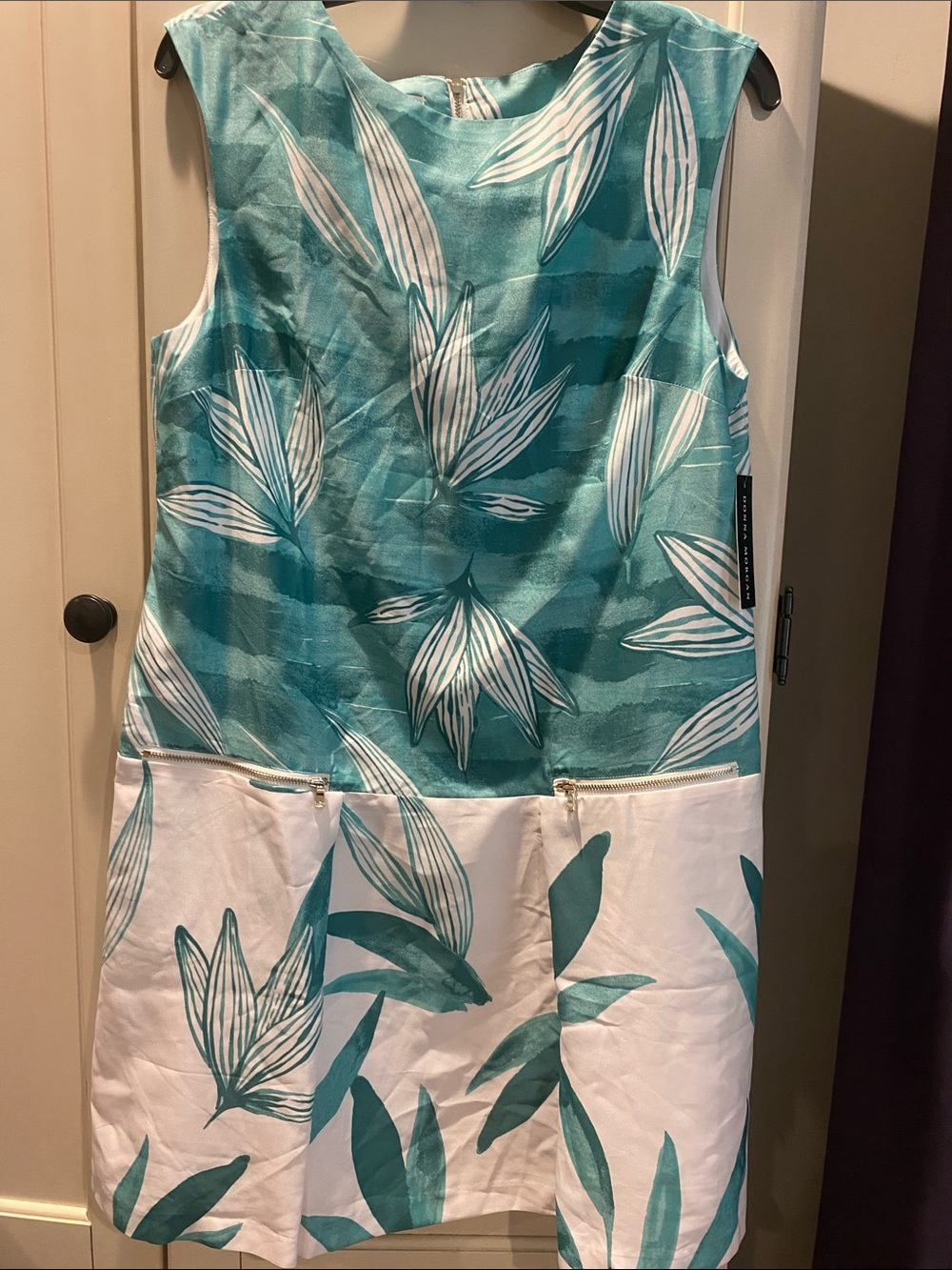 Donna Morgan Teal & White Tropical Leaf Shift Dress